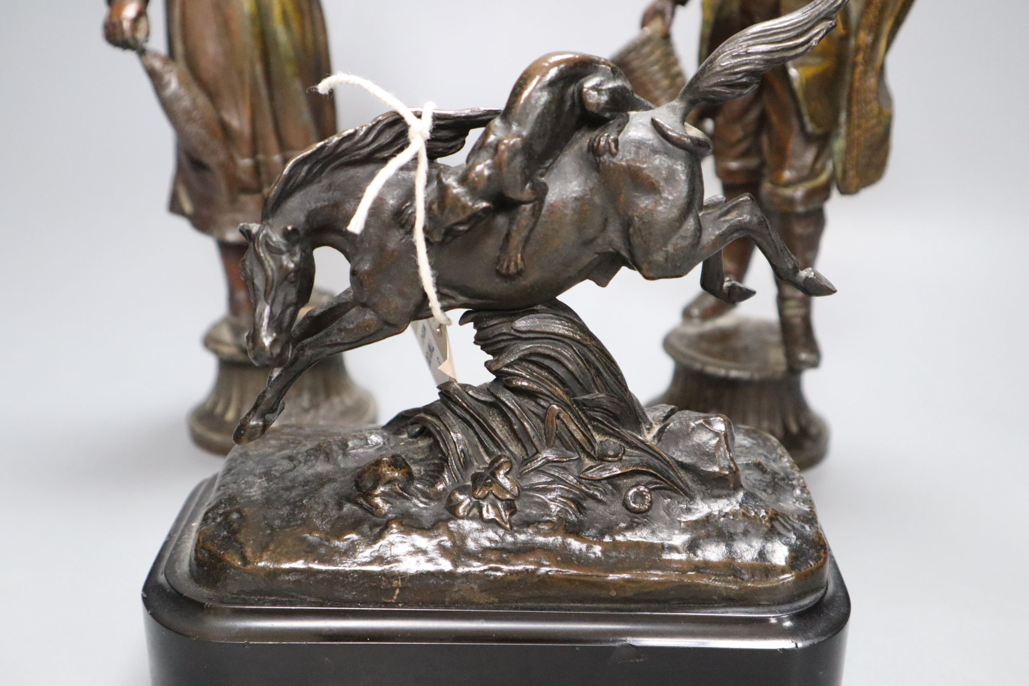 After Jean-Francois-Theodore Gechter (1796-1844), bronze, Horse being attacked by a Lioness and a pair of spelter figures,